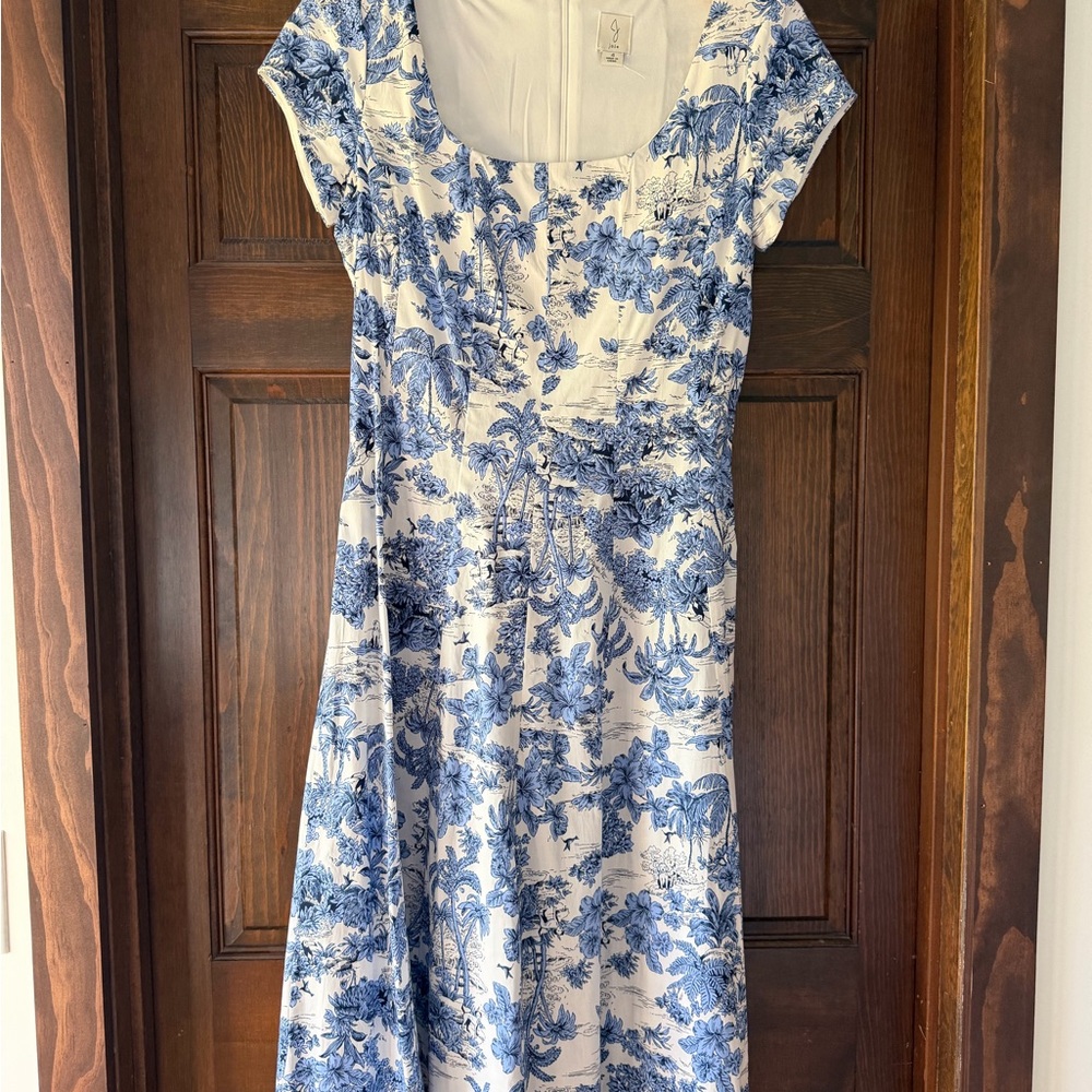 Joie White Dress with Blue Floral Print, Scoop Neck Midi